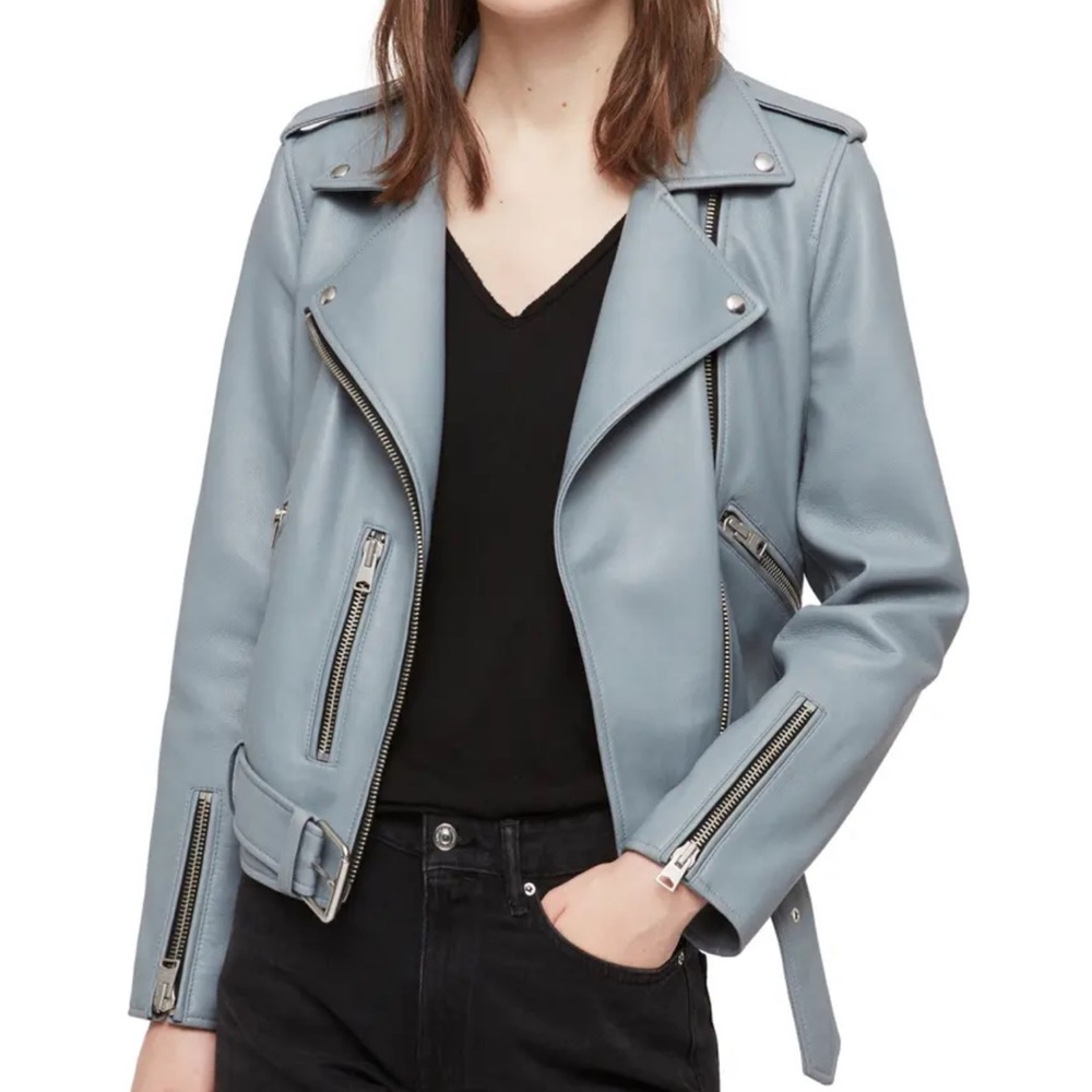 All Saints Light Blue Leather Jacket
